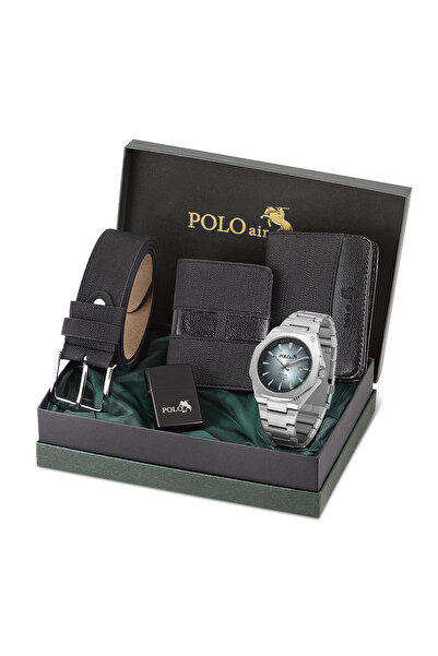 Polo Air Erkek Kol Saati Kemer Cüzdan Kartlık Çakmak Hediyelik Kutusunda Gümü...