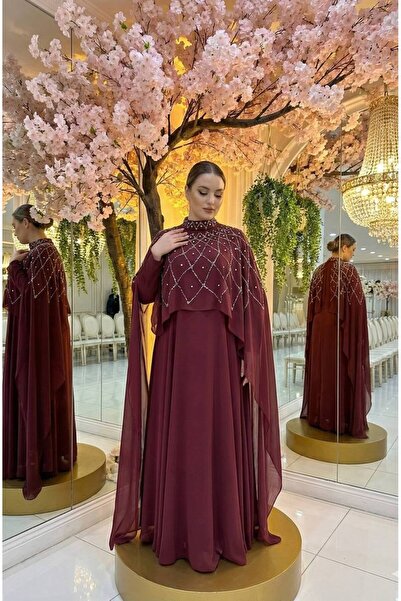 hakimoda Lavi̇n Plus Size Chiffon Evening Dress Burgundy