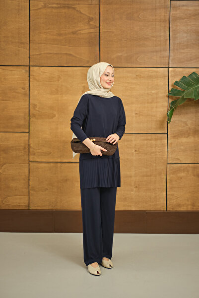 LOCCO Ženski donji plisirani komplet okrugla kragna tamnoplave boje