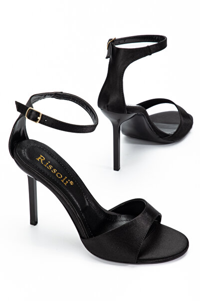RİSSOLİ Women's Black Satin Round Toe Ankle Strap Heels Sandals