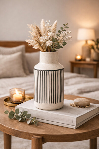 N.zone Beige ceramic vase with modern black stripes – stylish minimalist home...