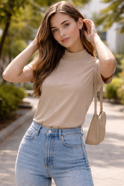 THEBEK بلوفر نسائي بياقة مدورة وأكمام قصيرة عالي الجودة