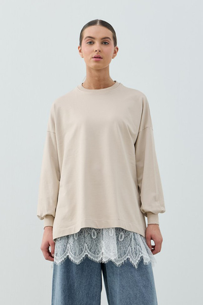 Merwishop Merwish Lace Detailed Skirt with Inner Lining Loly Sweat 1793 Beige