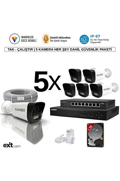 KARER 5'li IP-5MP-POELİ-SESLİ -GECE RENKLİ- SU GEÇİRMEZ- FULL HD-1TB-Güvenlik...