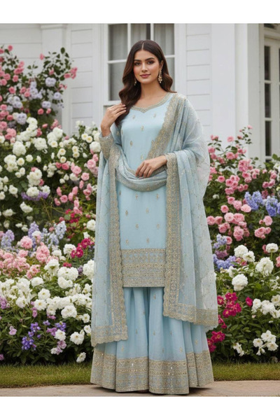 MYSMAR Blue Silk Top Palazzo & Dupatta - HRT7050 | Blue