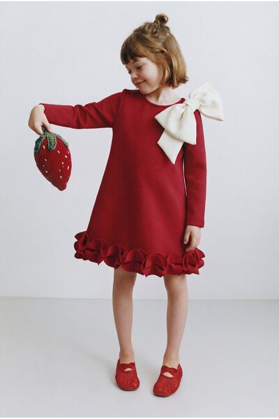 Magu Дівчача бавовняна сукня з червоними рюшами та бантиком