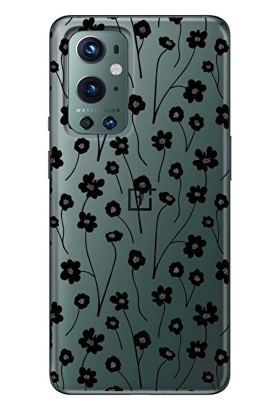 FLAMENKO حافظة هاتف شفافة باللون الأسود بنقشة زهور متوافقة مع One Plus 9 Pro