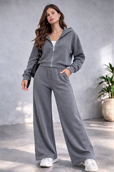 CGA Women's Hooded Zippered Set Hooded Zippered Palazzo Sweatpants Brioche Kn...
