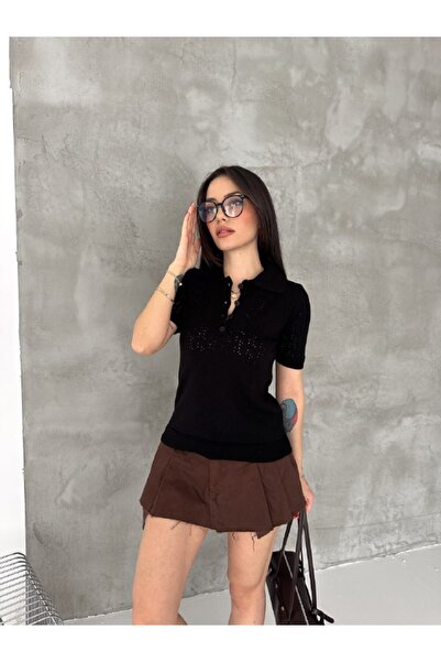 CLB COLLECTION Women's Black Polo Neck Short Sleeve Knitwear