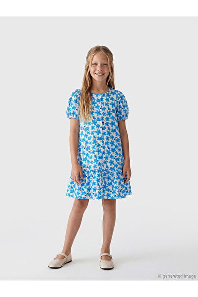 LC Waikiki Μπλε φόρεμα για κορίτσια με λαιμόκοψη Με φλοράλ μοτίβο