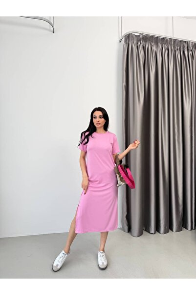 Veni Life Modal Fabric Crew Neck Slit Midi Dress