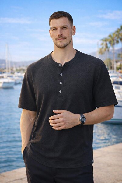 Valiberta Roth Relaxed Fit Casual Henley Collar Waffle Fabric Summer Short Sl...