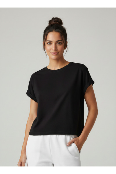 NEW JOURNAL Negru pentru femei guler rotund Scurt basic tricou NJ112