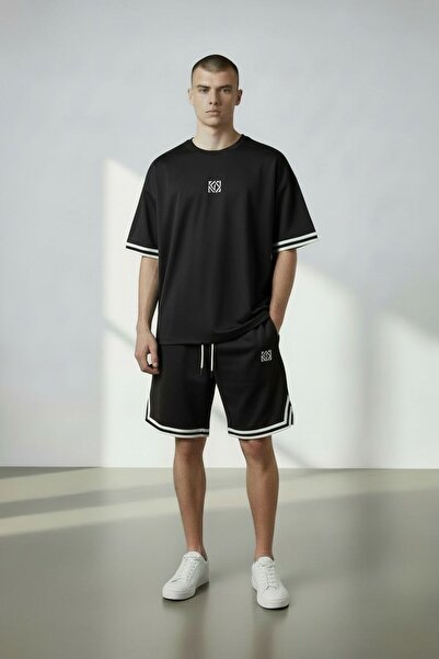 Altamira Men's Black Printed Striped Detail Tracksuit Set