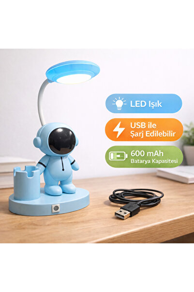 Toyska Astronot Figürlü LED Masa Lambası - USB Şarjlı --Mavi