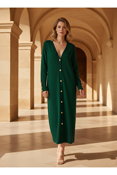 ÖRKCÜ Women's Long Knitwear Cardigan V-Neck Buttoned Front Maxi Length