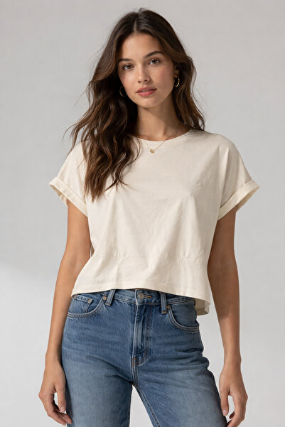 NEW JOURNAL Cremă pentru femei guler rotund Scurt basic tricou NJ112