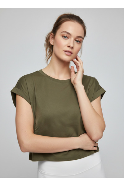 NEW JOURNAL Women's Khaki Crew Neck Short Basic T-Shirt Nj112