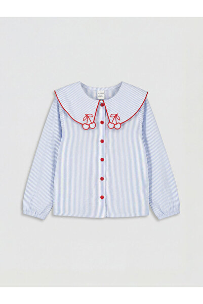 LC Waikiki Giyçık Store Den Mavi Peter Pan collar Embroidered Girls' Shirt