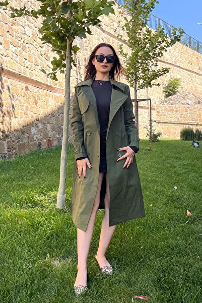 Tmptekstil Asymmetric Collar Button Detail Belted Trench Coat-Dark Green Dark...