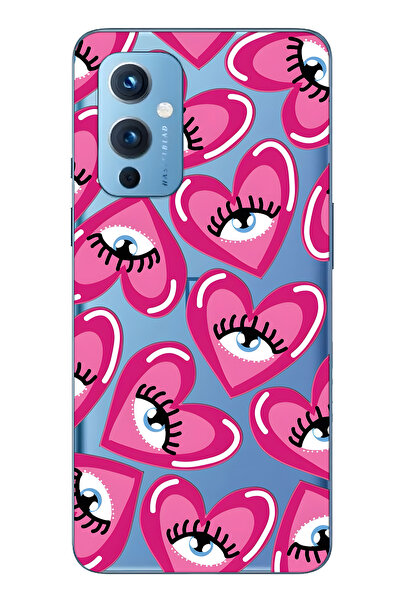 FLAMENKO حافظة هاتف شفافة متوافقة مع ون بلس 9 باللون الوردي هارت آي منقوش