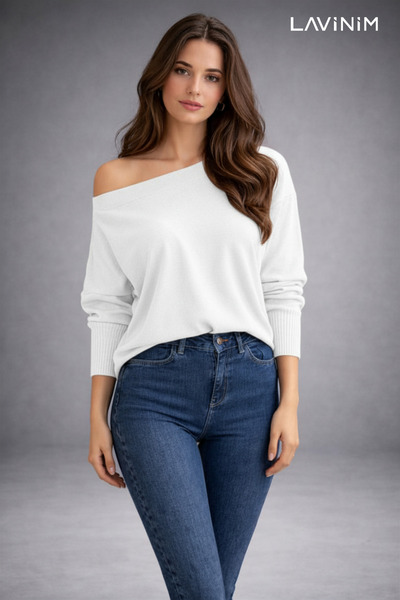 LAVİNİM Premium Soft Touch Boat Neck Oversized Low Shoulder Mercerized Knitwear