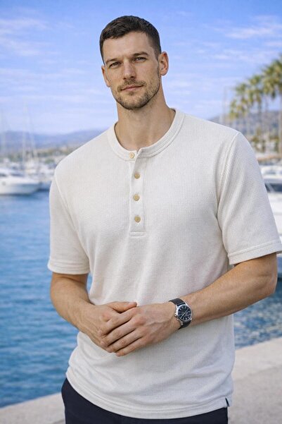 Valiberta Roth Relaxed Fit Casual Henley Collar Waffle Fabric Summer Short Sl...