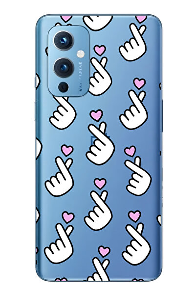 FLAMENKO حافظة هاتف شفافة متوافقة مع One Plus 9 من نوع Finger Heart منقوش