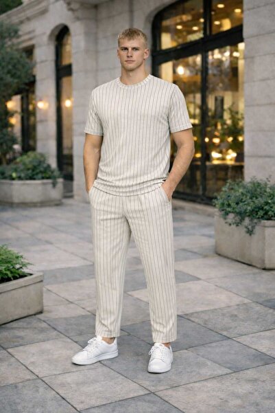 BRLKN Men's Stripe Detailed Crew Neck Crepe T-Shirt Tracksuit Set