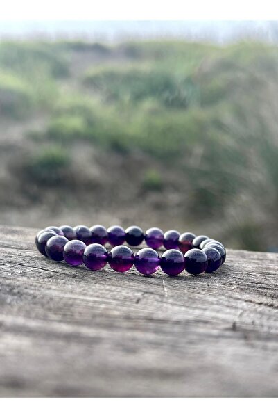 Zodyak Doğal Taş 8 mm Amethyst Stone Men's Women's Natural Stone Bracelet a Q...