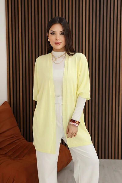 LOS VİLLİAN U Shawl Collar Short Sleeve Simple Basic Midi Length Seasonal Knitwear Cardigan