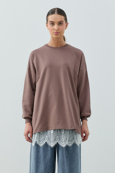 Merwishop Merwish Lace Detailed Skirt with Inner Lining Loly Sweat 1793 Brown