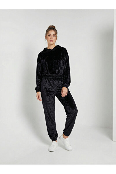 NEW JOURNAL Women's Black Velvet Top and Bottom Two-Piece Tracksuit Set Nj110
