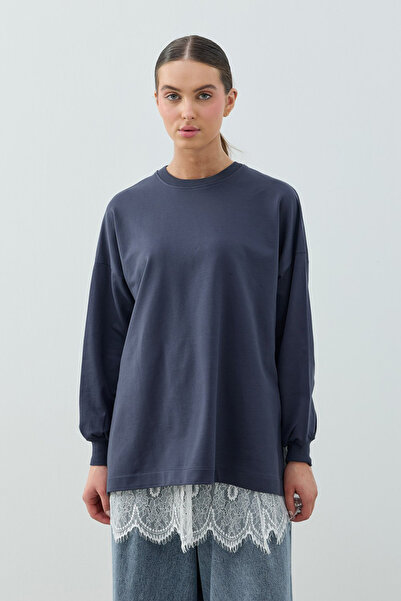 Merwishop Merwish Lace Detailed Skirt with Inner Lining Loly Sweat 1793 Indigo