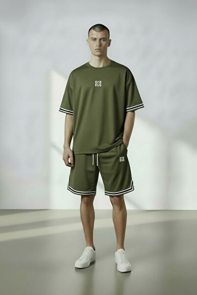 Altamira Men's Khaki Printed Striped Detail Tracksuit Set