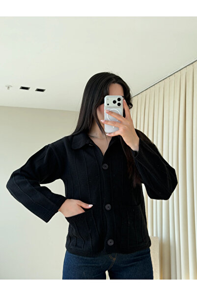 Laluvia Black Large Pocketed Cardigan - 9011