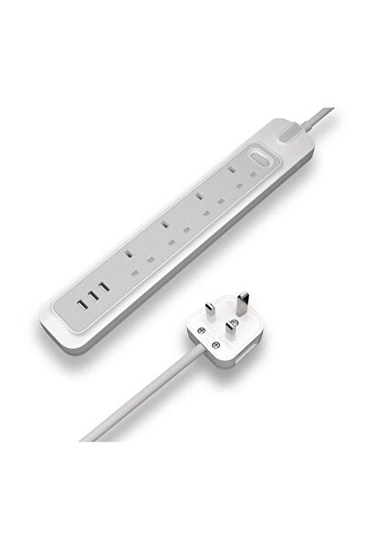 RAFEED Electric Power Extension 4 Sockets 2M Cable 3 USBA White/Grey