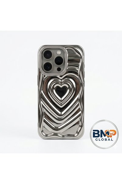 BMP MARKET 🖤   Silver Radiance and Heart Touch: iPhone 15 Pro 3D Wave Case