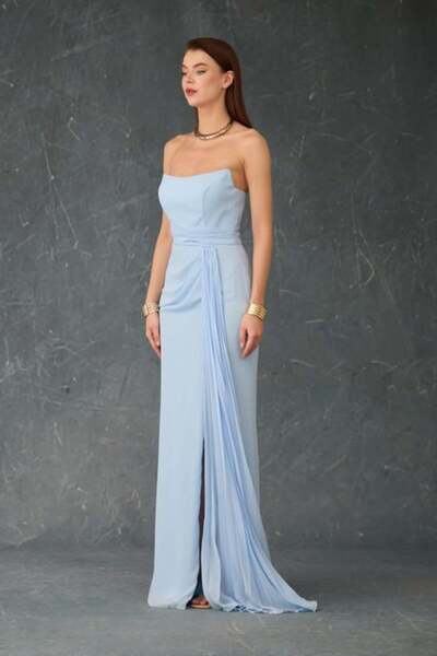 Carmen Βραδινό φόρεμα σιφόν με στράπλες σε μπλε χρώμα