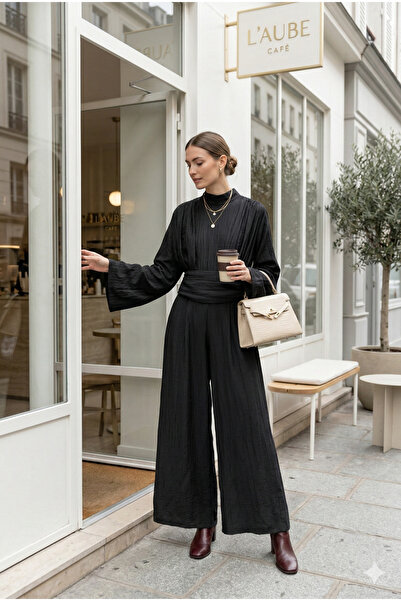 MODAQU Pocketed Black Jumpsuit with Strawberry Fabric Belt Detail