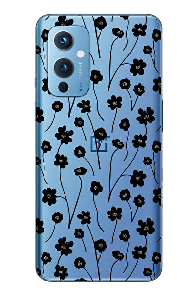 FLAMENKO حافظة هاتف شفافة باللون الأسود بنقشة زهور متوافقة مع ون بلس 9