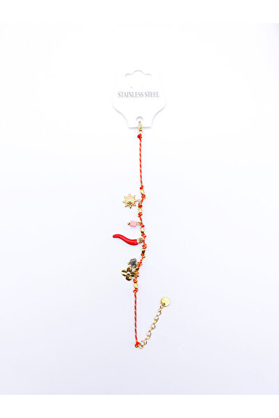 Nearsis Biber, Güneş, Çiçek Figürlü, Kırmızı İpli Çelik Charm Bileklik