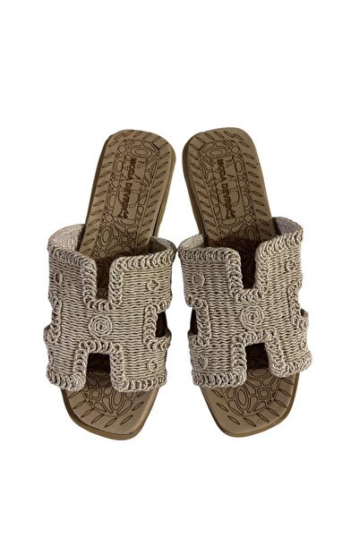 Moda Devrin Μπεζ ψάθινο παπούτσι με ανοιχτό μπροστινό μέρος για γυναίκες Παντ...