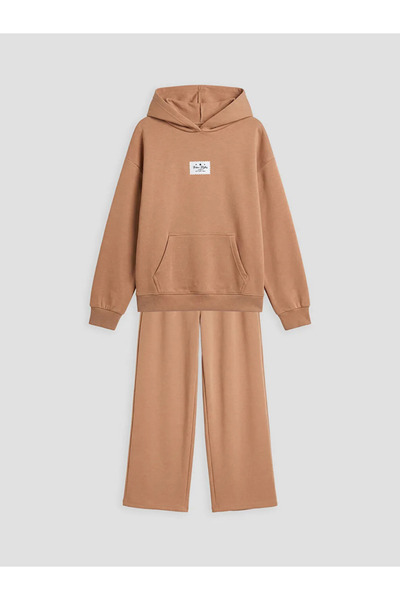 LC Waikiki Lcw Kids Brown Hooded Girls' Soft Touch Sweatshirt and Sweatpants