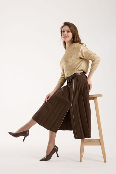 sumoda Women's High Waist Pleated Skirt Side-Zip Closure Belt Pieces