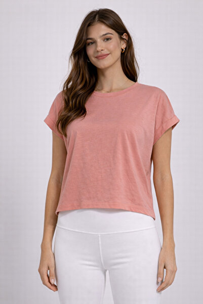 NEW JOURNAL Women's Salmon Crew Neck Short Basic T-Shirt Nj112