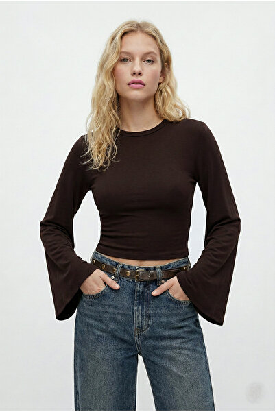 Ritnice Kadın Hazel Bisiklet Yaka Uzun Kollu Basic Kahverengi Örme Bluz