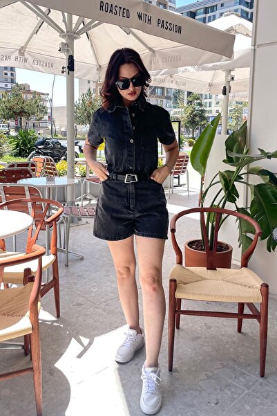 LEVURE Short Sleeve Button Detail Shorts Jumpsuit - Black Black