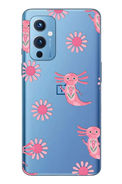 FLAMENKO حافظة هاتف شفافة متوافقة مع One Plus 9 باللون الوردي Aksolotl منقوش