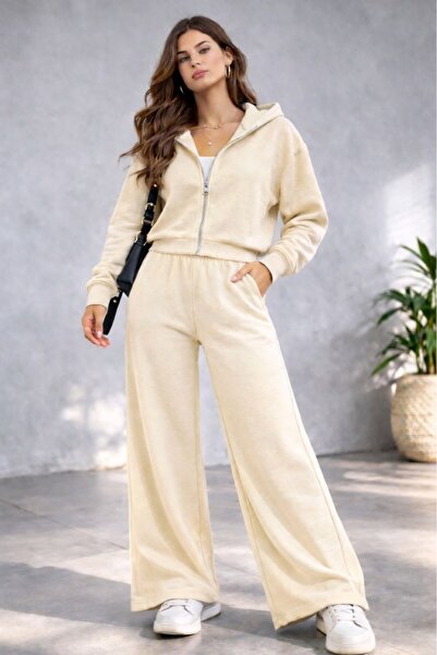 CGA Women's Hooded Zippered Set Hooded Zippered Palazzo Sweatpants Brioche Kn...